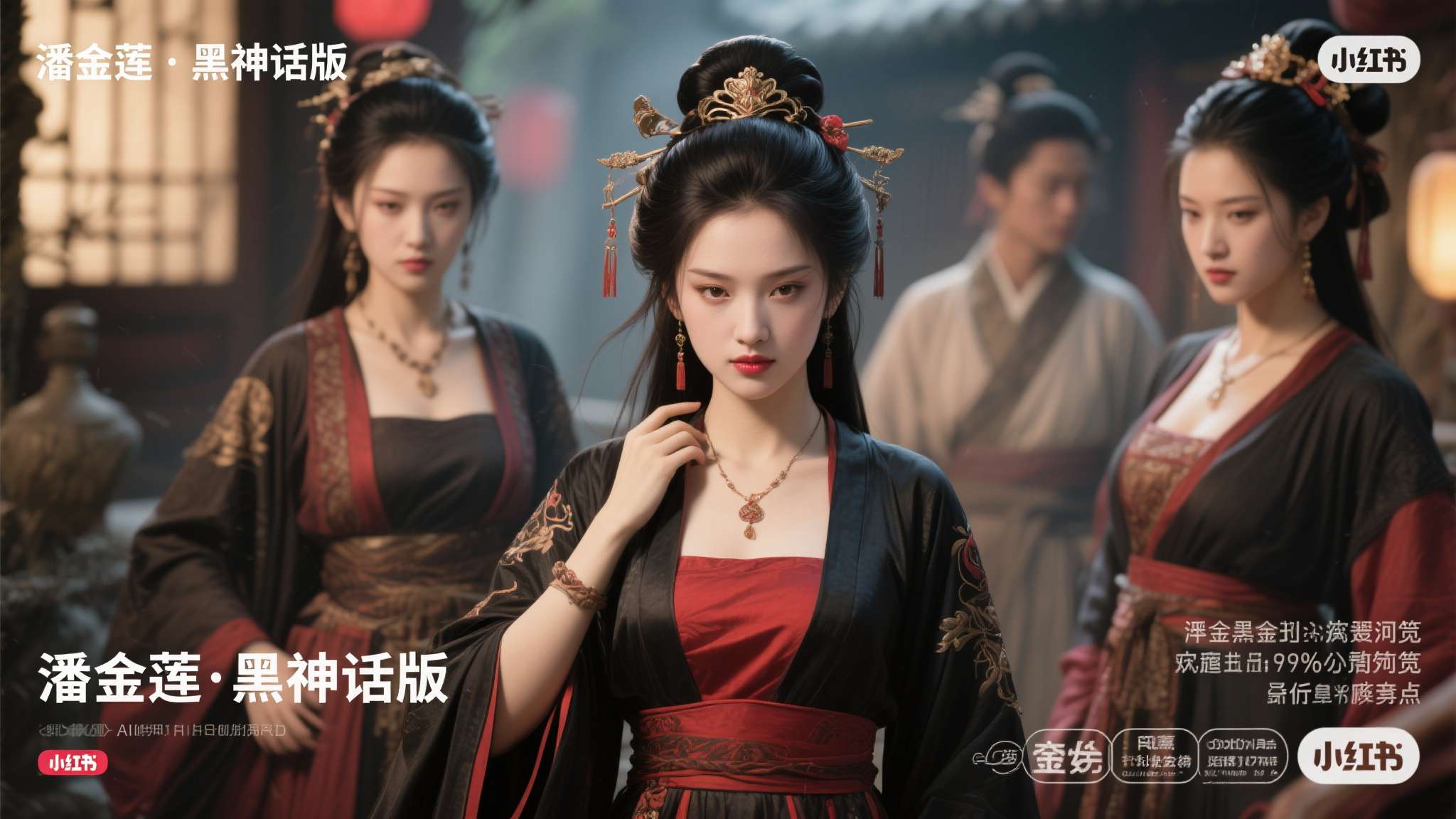 某位AI创作者发布的一组"潘金莲·黑神话版"图像，在小红书、微博等平台累计获得超